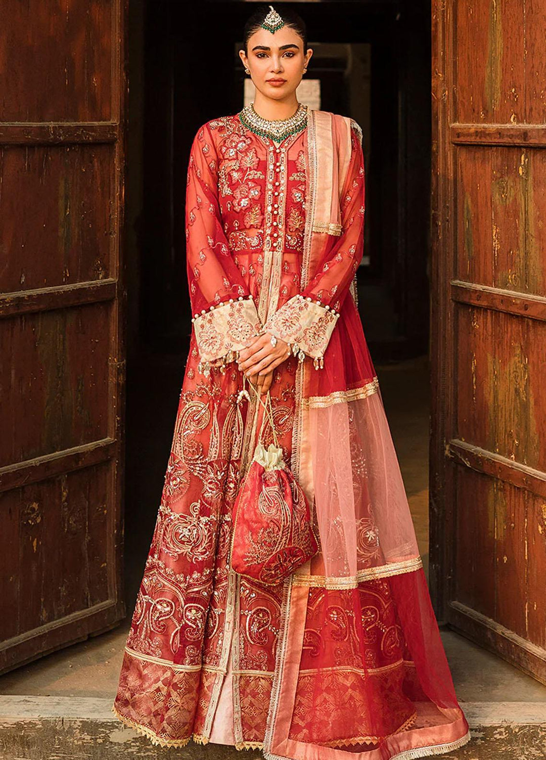Trousseau By Vitalia Embroidered Organza Suits Unstitched 4 Piece VT22T Mulberry - Wedding Collection