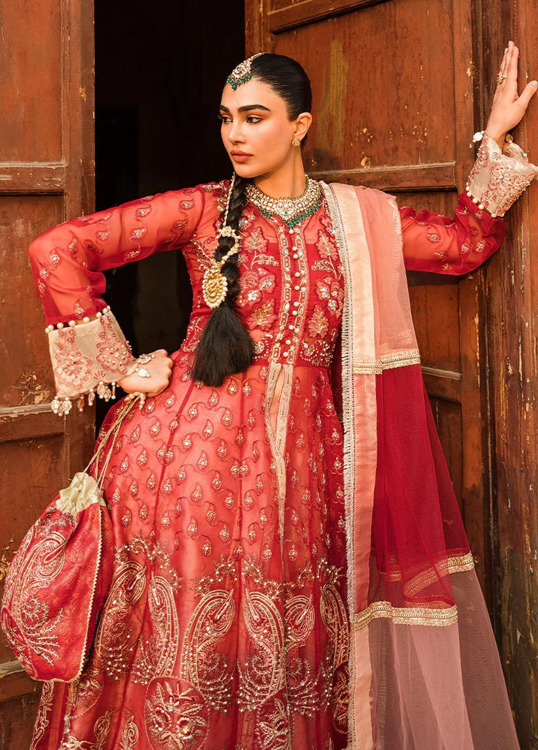 Trousseau By Vitalia Embroidered Organza Suits Unstitched 4 Piece VT22T Mulberry - Wedding Collection