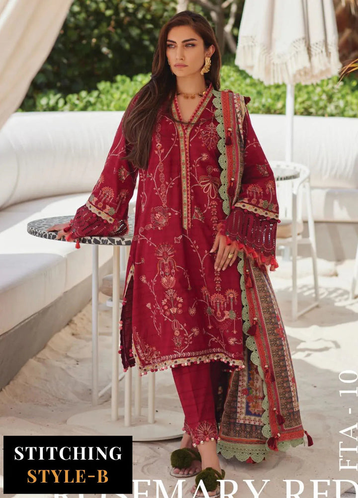Wes by Farah Talib Embroidered Lawn Suits Unstitched 3 Piece FTA25WL FTA-10 Rosemary Red - Luxury Collection