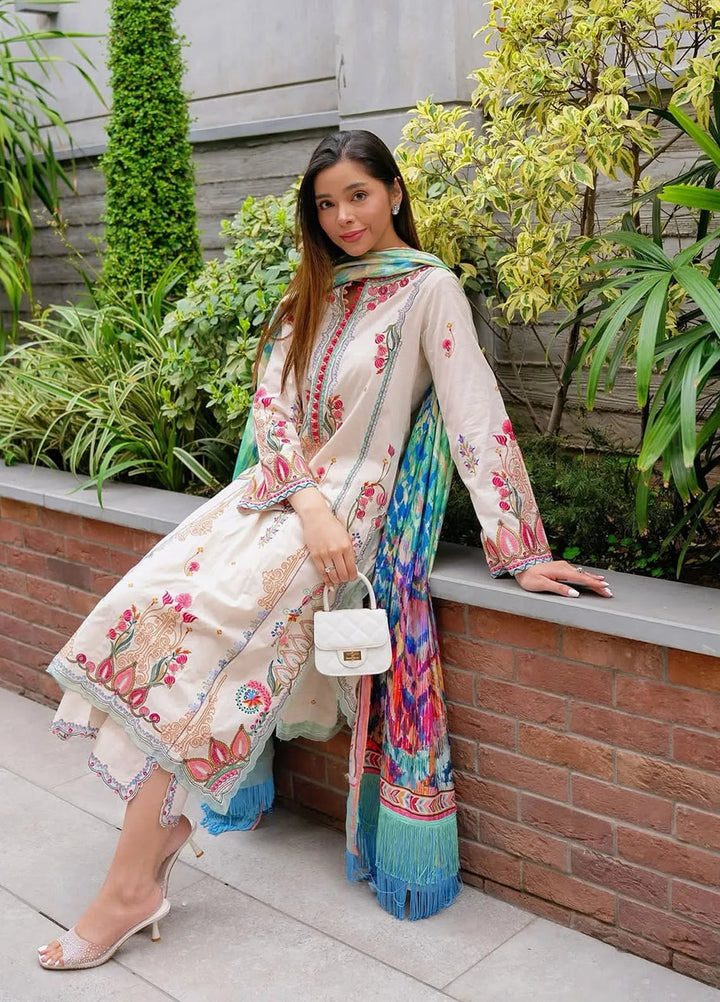 Wes by Farah Talib Embroidered Lawn Suits Unstitched 3 Piece FTA25WL FTA-02 Irene Ivory - Luxury Collection