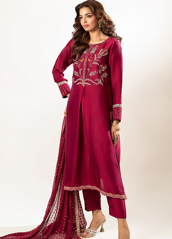 Zaaviay Pret Embroidered Sheesha Silk 3 Piece Suit Magenta Fling
