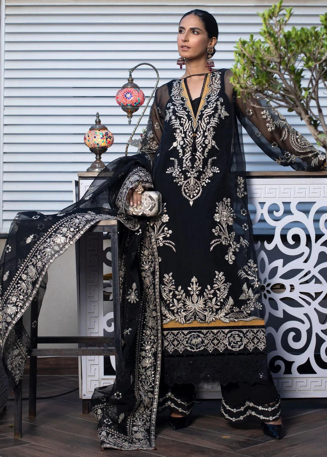 Zahara By Muraad Embroidered Organza Suits Unstitched 3 Piece MU22Z D-001 Black Orchid - Luxury Collection