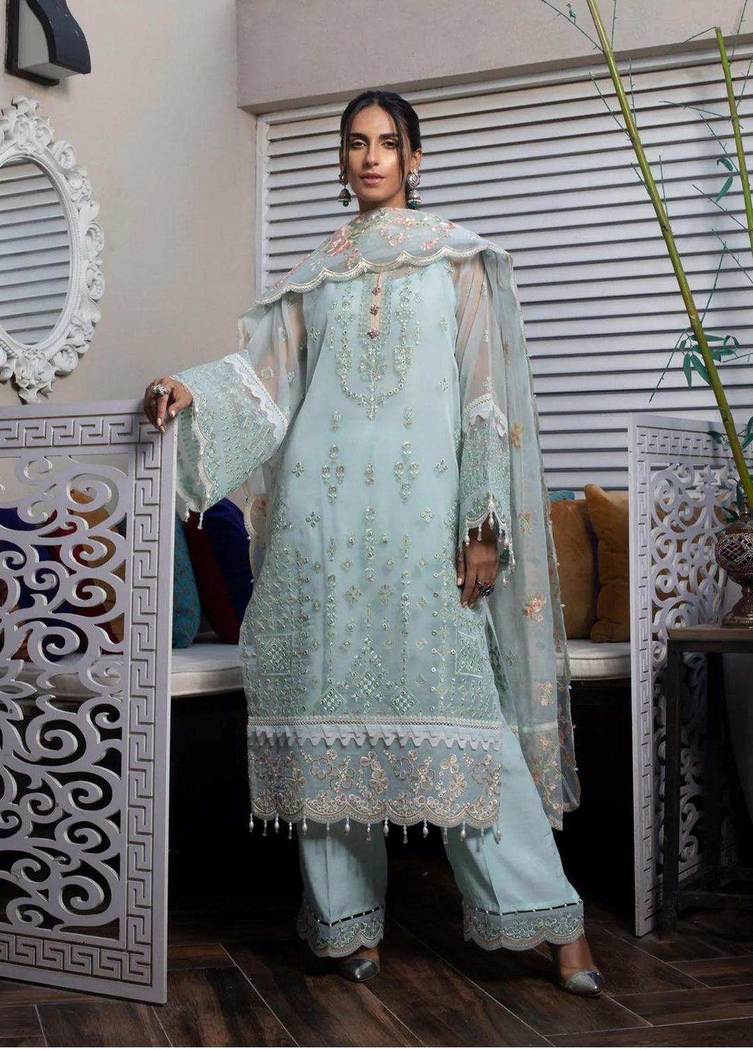 Zahara By Muraad Embroidered Organza Suits Unstitched 3 Piece MU22Z D-003 Ivy - Luxury Collection