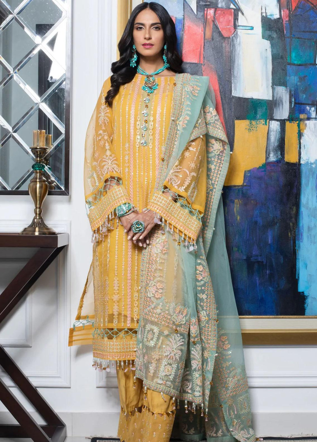 Zahara By Muraad Embroidered Organza Suits Unstitched 3 Piece MU22Z Z-007 Marigold - Luxury Collection