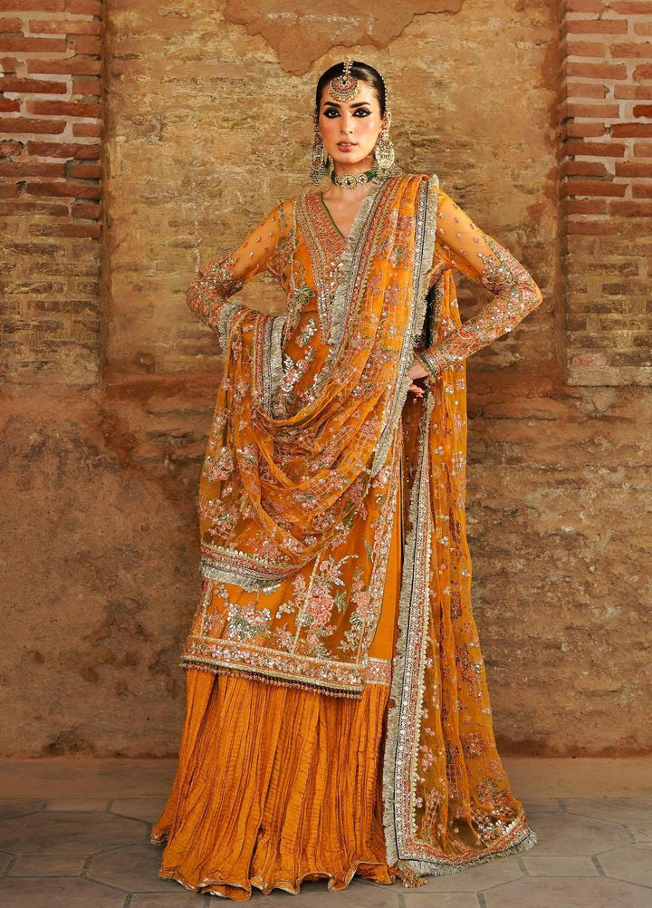 Zaib-un-Nisa by Hussain Rehar Embroidered Net Suits Unstitched 4 Piece HRR23ZN Saffron - Festive Collection