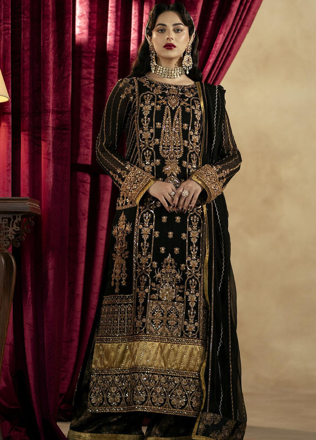 Zamani Begum By Maryum N Maria Embroidered Chiffon Suits Unstitched 3 Piece MNM23ZB MW23519 Amber - Wedding Collection