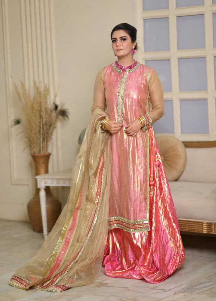 Zar Pret Embroidered Net 3 Piece Suit Gulaabi