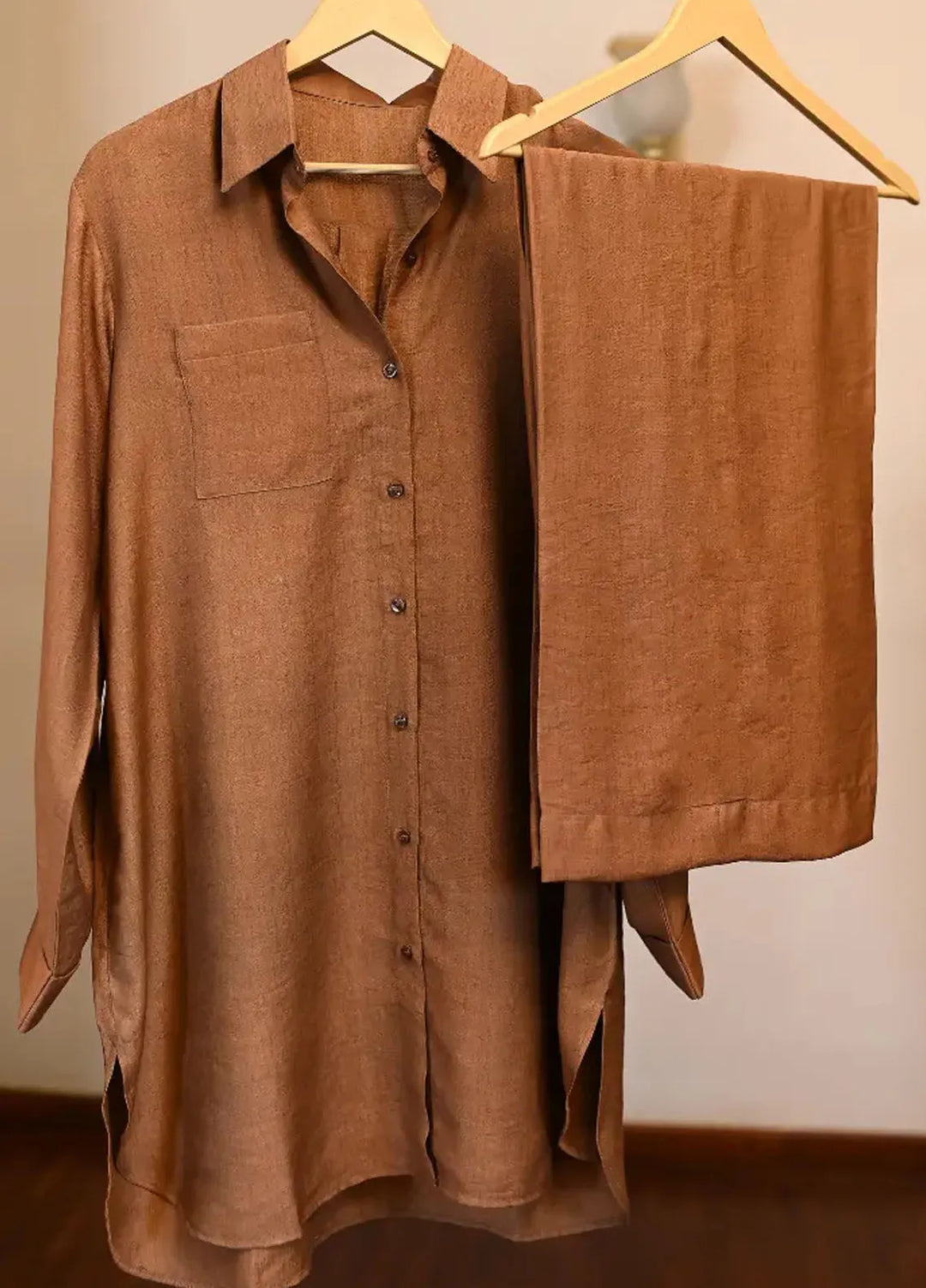 Zarah and Sarah Pret Solid Cotton 2 Piece Suit dark brown Co-ord