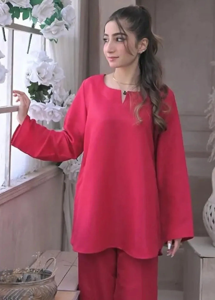 Zauk Luxury Pret Embroidered Raw Silk 2 Piece Suit Deep Pink