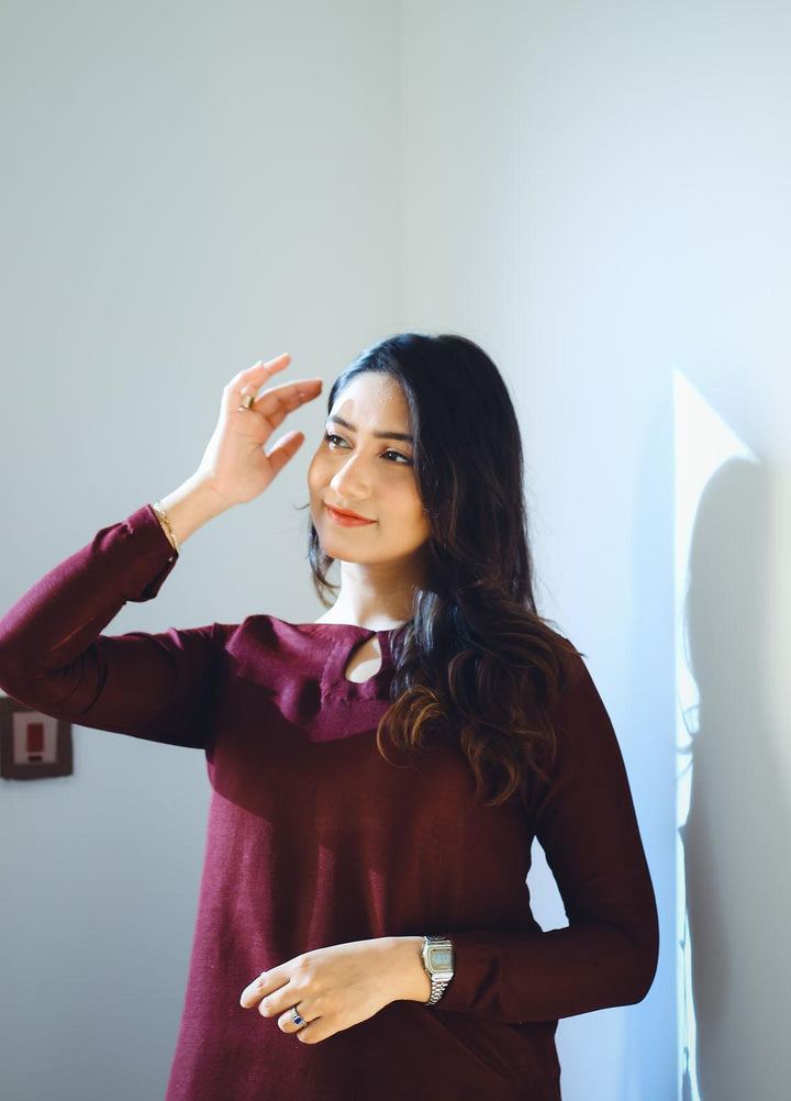 Zauk Casual Pret  Raw Silk 2 Piece Dress ZK23CW Maroon two piece