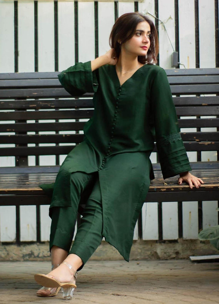 Zauk Casual Pret  Raw Silk 2 Piece Dress ZK23CW Bottle Green Two Piece Suit