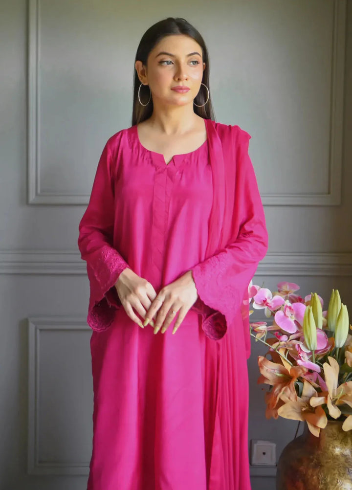 Zauk Pret Embroidered Raw Silk 3 Piece Suit Flora