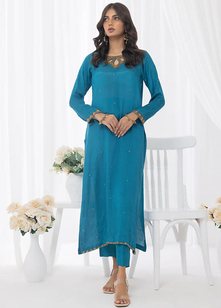 Cyanic Pret Embroidered Raw Silk 2 Piece Suit TURQUOISE