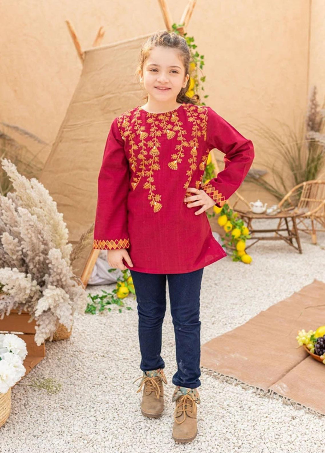 Ziva Khaddar Fancy Pret Girls Top - ZA21FW Cherry