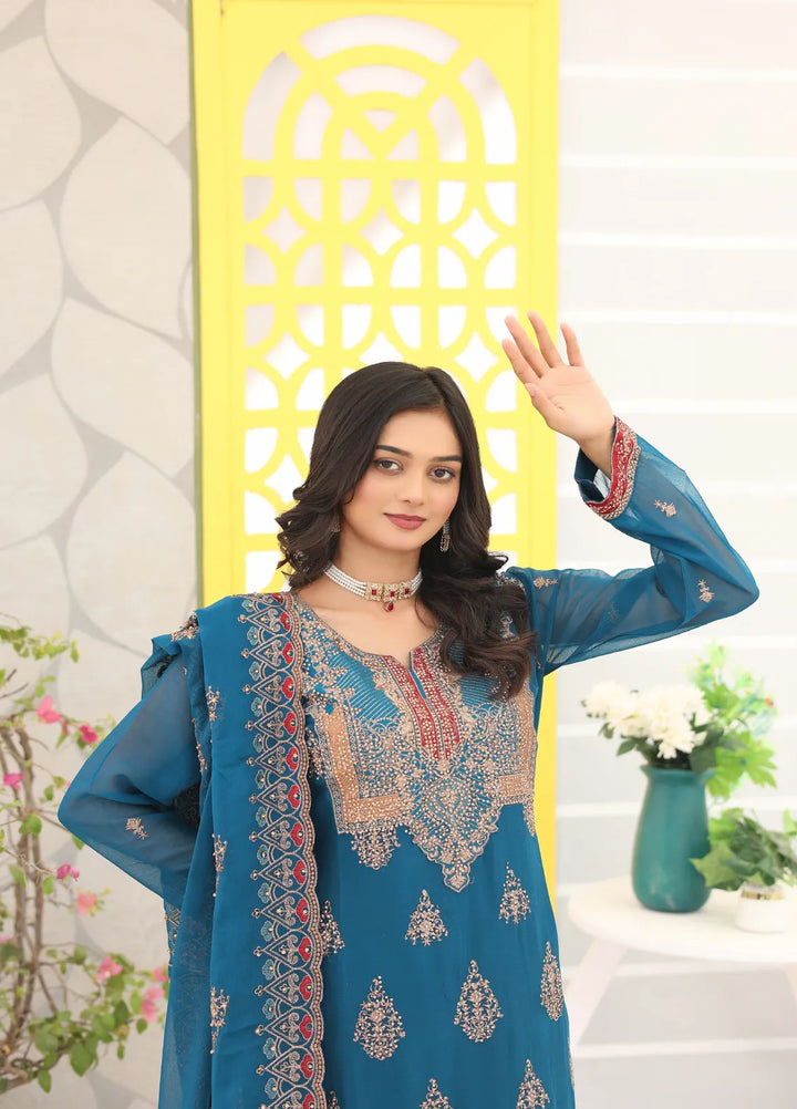 Zohan Ateeq Pret Embroidered Chiffon 3 Piece Suit Mehak Royal Blue