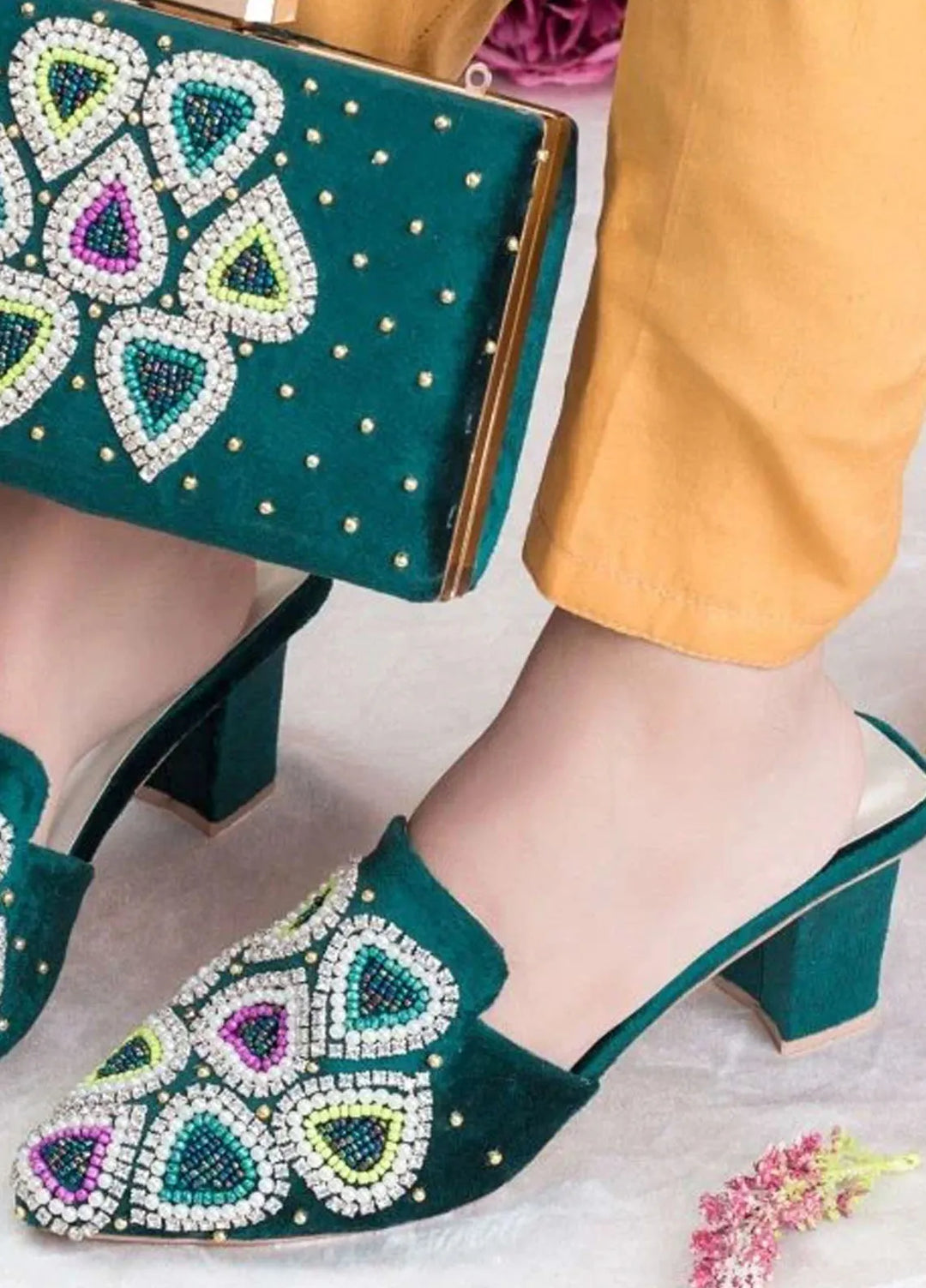 Zuruj Festive Style Heel Mules X Clutch HMC-255-Green