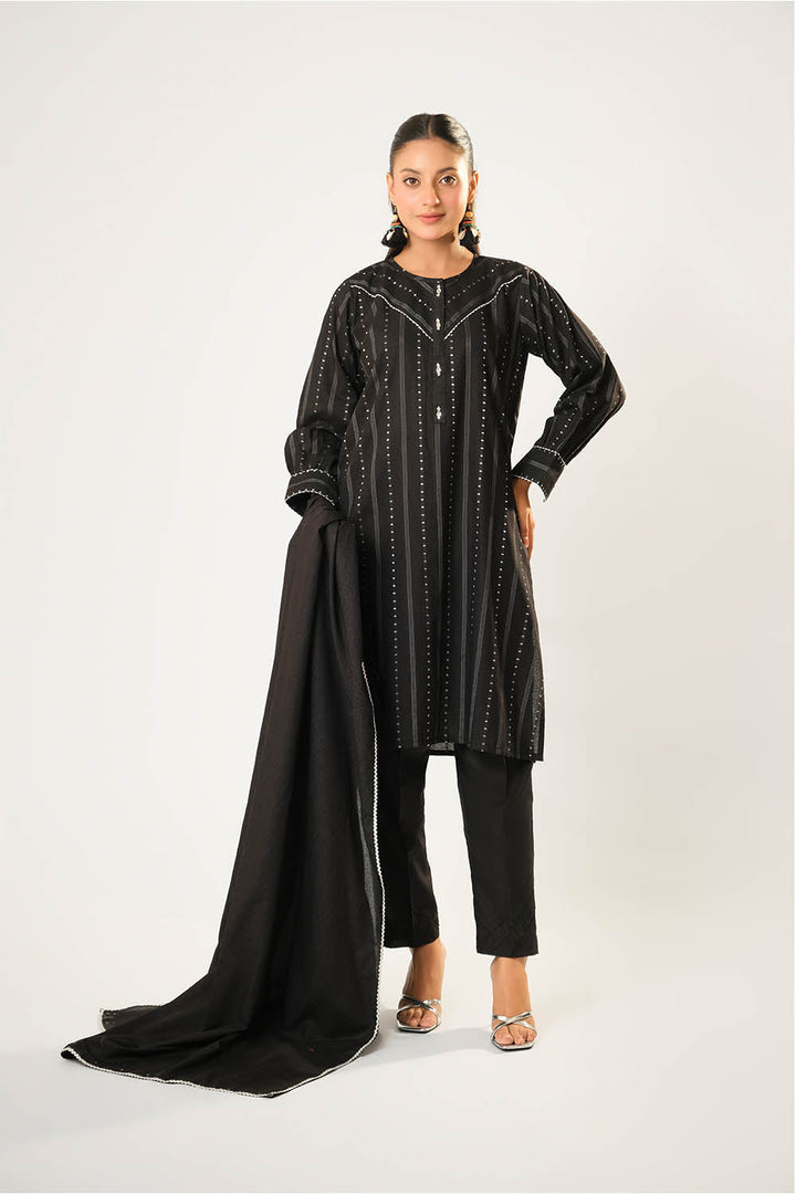 Senorita Women RTW Women Printed Black and Silver Casual 3 Piece Suit Cotton Karandi Dobby LAD-03210 - Winter Collection
