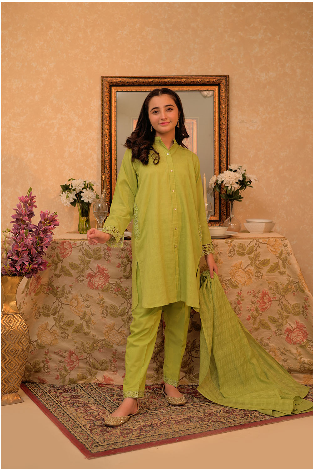 Senorita Girls Ready to Wear Girls Parrot Green Casual 3 Piece Suit Cotton Self dobby Solids GAD-02908 - Summer Collection