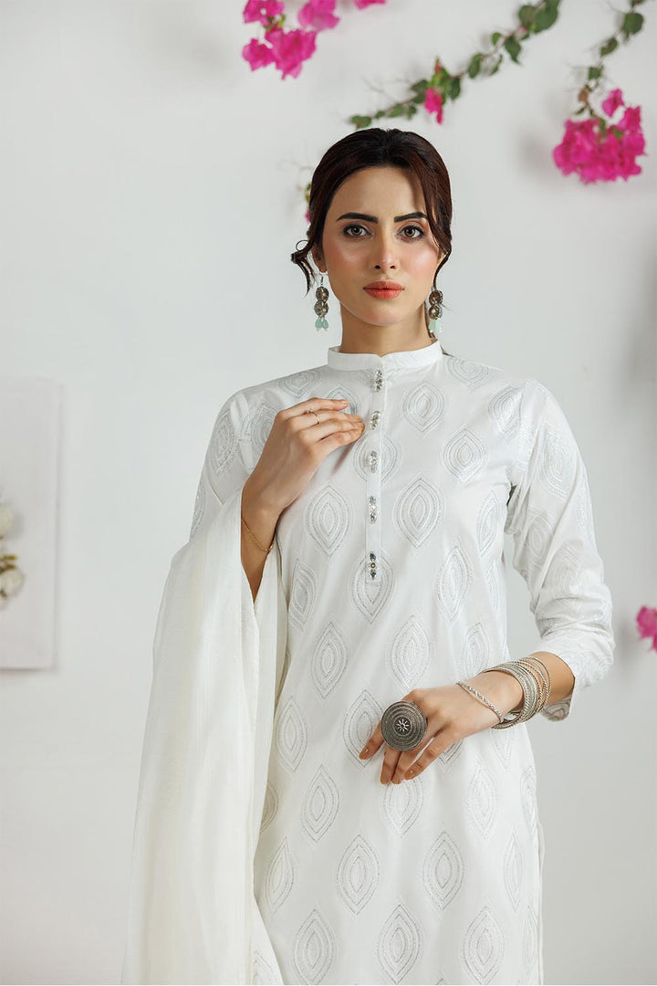 Senorita Women RTW Women Printed White and silver Casual 3 Piece Suit Plain Cotton LAD-03114 - Summer Collection