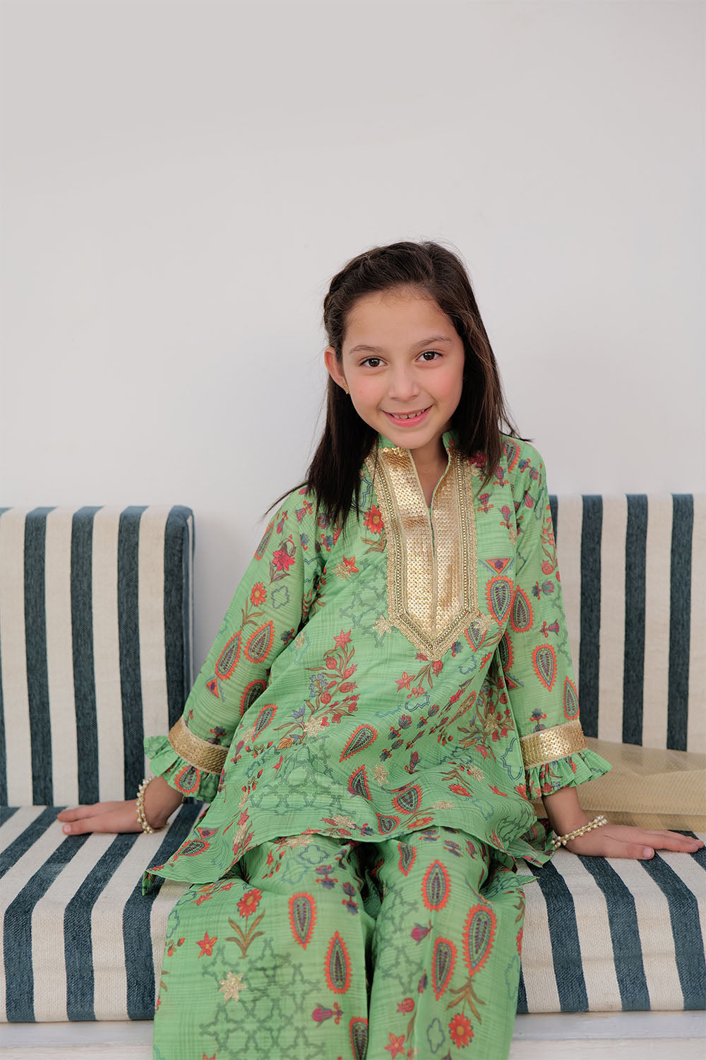 Senorita Kids RTW Green and Multicolor Formal 3 Piece Suit Tasar Silk KDD-02869 - Summer Collection