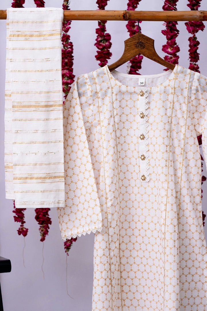 Senorita Girls Ready to Wear Girls White and Gold Casual 3 Piece Suit Cotton Cambric Printed GAD-02713 - Summer Collection
