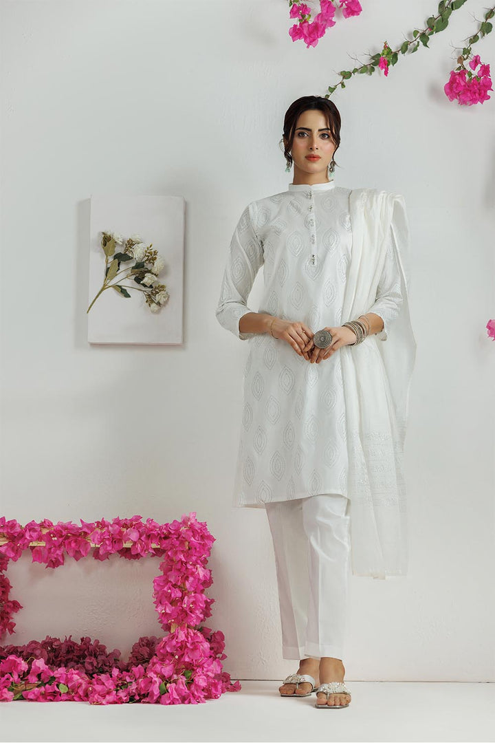 Senorita Women RTW Women Printed White and silver Casual 3 Piece Suit Plain Cotton LAD-03114 - Summer Collection