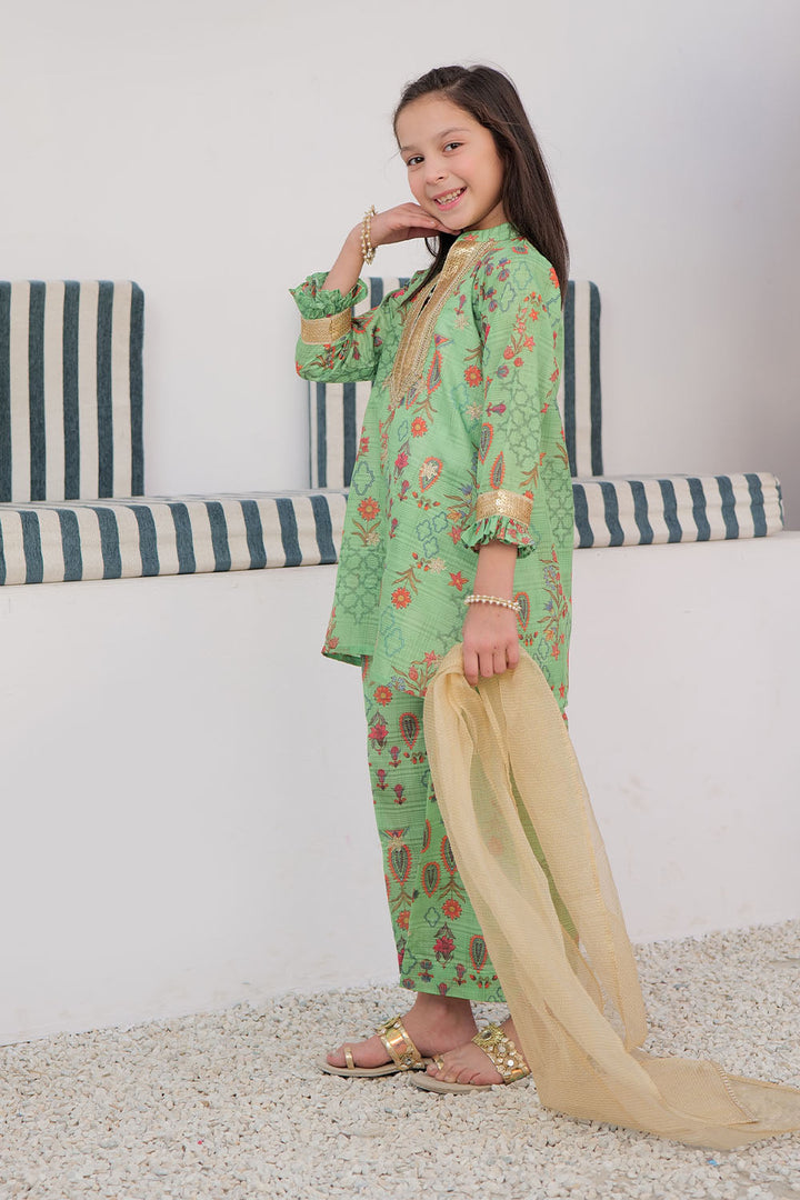 Senorita Kids RTW Green and Multicolor Formal 3 Piece Suit Tasar Silk KDD-02869 - Summer Collection