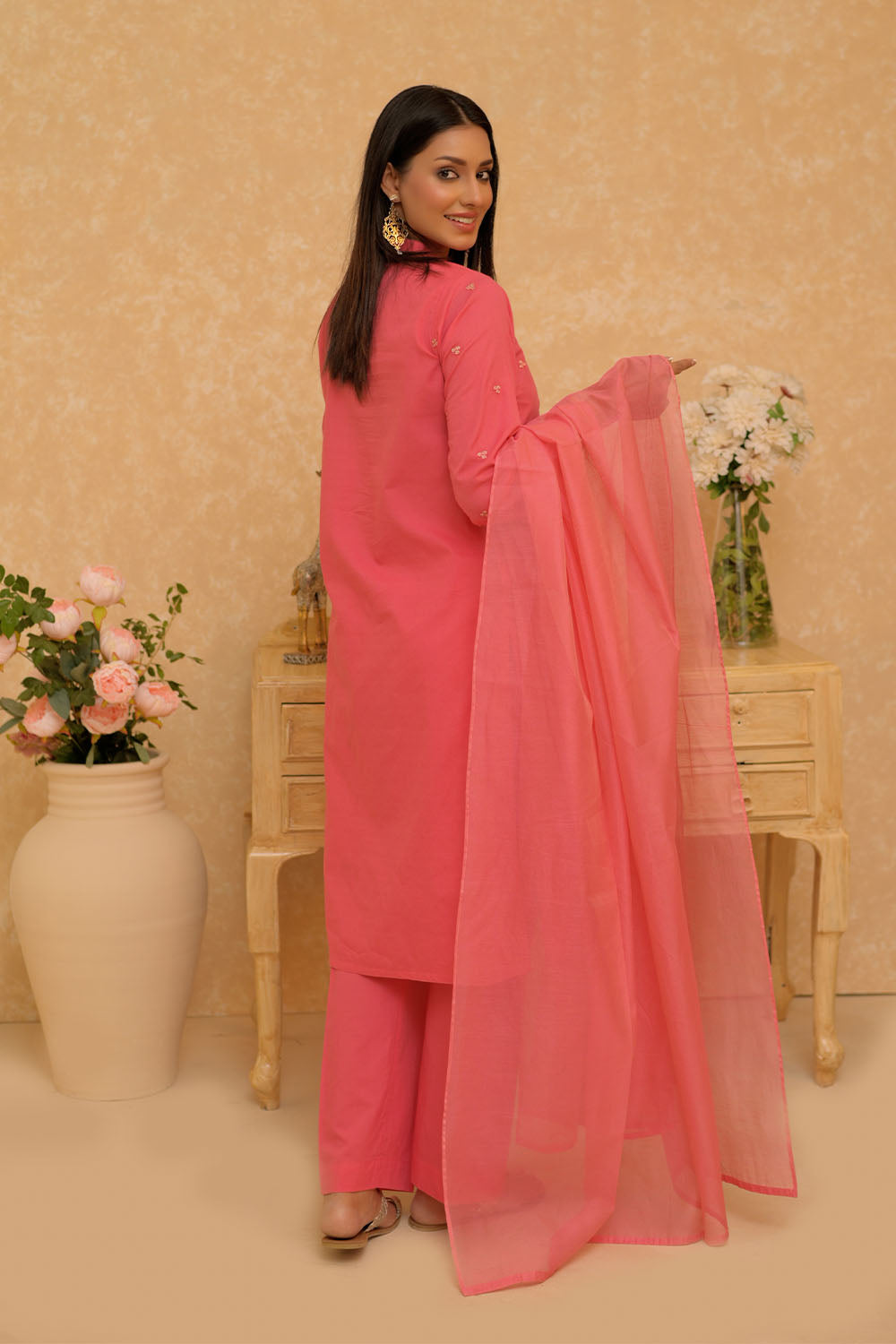 Senorita Women RTW Women Printed Dark Peach Casual 3 Piece Suit Cotton Dobby Self LAD-02798 - Summer Collection