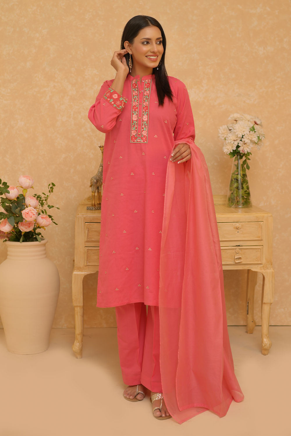 Senorita Women RTW Women Printed Dark Peach Casual 3 Piece Suit Cotton Dobby Self LAD-02798 - Summer Collection