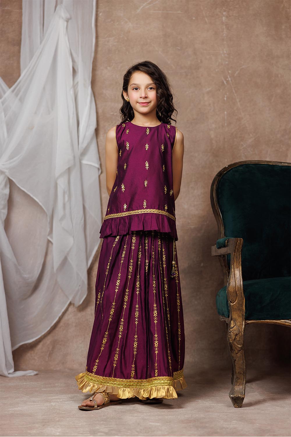 Senorita Kids RTW Purple and Gold Formal 3 Piece Suit Viscose Chambray Katan KDD-03069 - Summer Collection