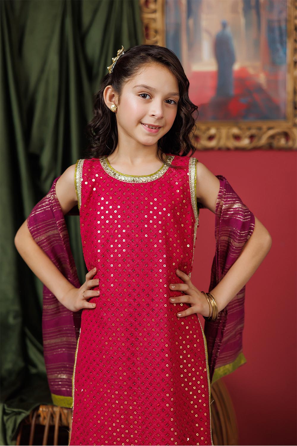 Senorita Kids RTW Shocking Pink and Pruple Formal 3 Piece Suit Viscose Crinkle Chiffon KDD-03050 - Summer Collection