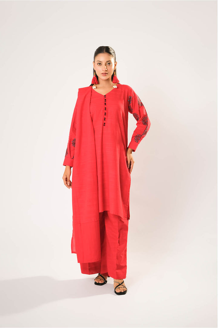Senorita Women RTW Women Printed Red Casual 3 Piece Suit Cotton Khaddar Plain LAD-03203 - Winter Collection