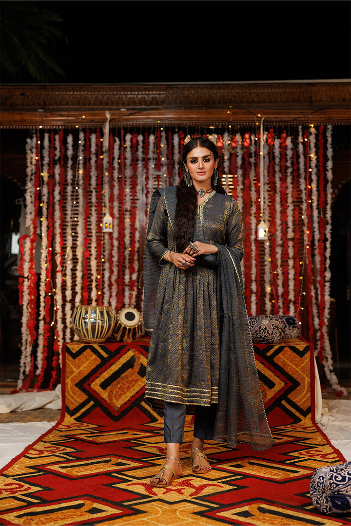 Senorita Women RTW Women Embroidered Grey and Gold Casual plus 3 Piece Suit Viscose Jacquard LBD-02539 - Winter Collection