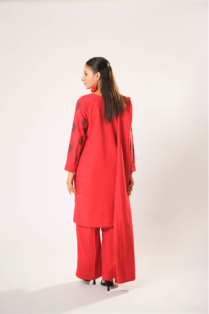 Senorita Women RTW Women Printed Red Casual 3 Piece Suit Cotton Khaddar Plain LAD-03203 - Winter Collection