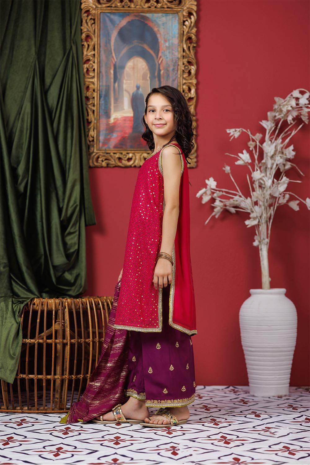 Senorita Kids RTW Shocking Pink and Pruple Formal 3 Piece Suit Viscose Crinkle Chiffon KDD-03050 - Summer Collection