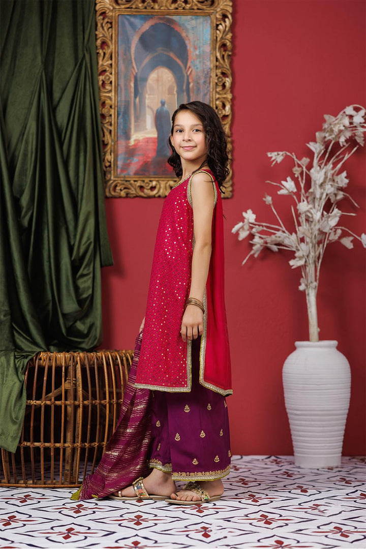 Senorita Kids RTW Shocking Pink and Pruple Formal 3 Piece Suit Viscose Crinkle Chiffon KDD-03050 - Summer Collection