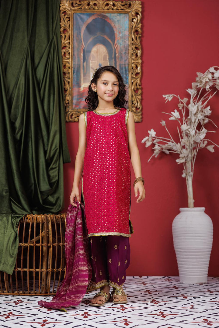 Senorita Kids RTW Shocking Pink and Pruple Formal 3 Piece Suit Viscose Crinkle Chiffon KDD-03050 - Summer Collection