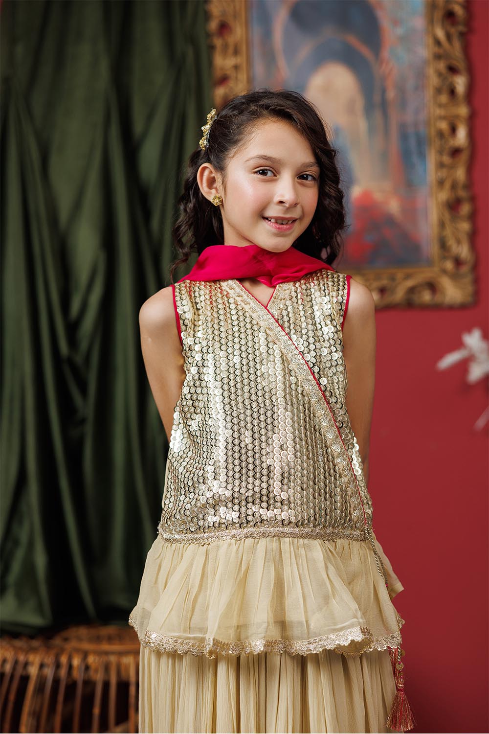 Senorita Kids RTW Kids formal clothes Fawn and Shocking Pink Formal 3 Piece Suit Viscose Crinkle Chiffon KDD-03066 - Summer Collection