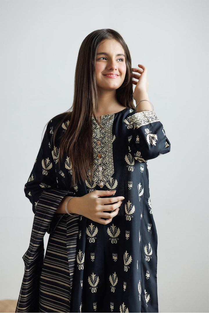 Senorita Girls Ready to Wear Girls Black and Fawn Casual 3 Piece Suit Cotton Lawn Printed GAD-03160 - Summer Collection