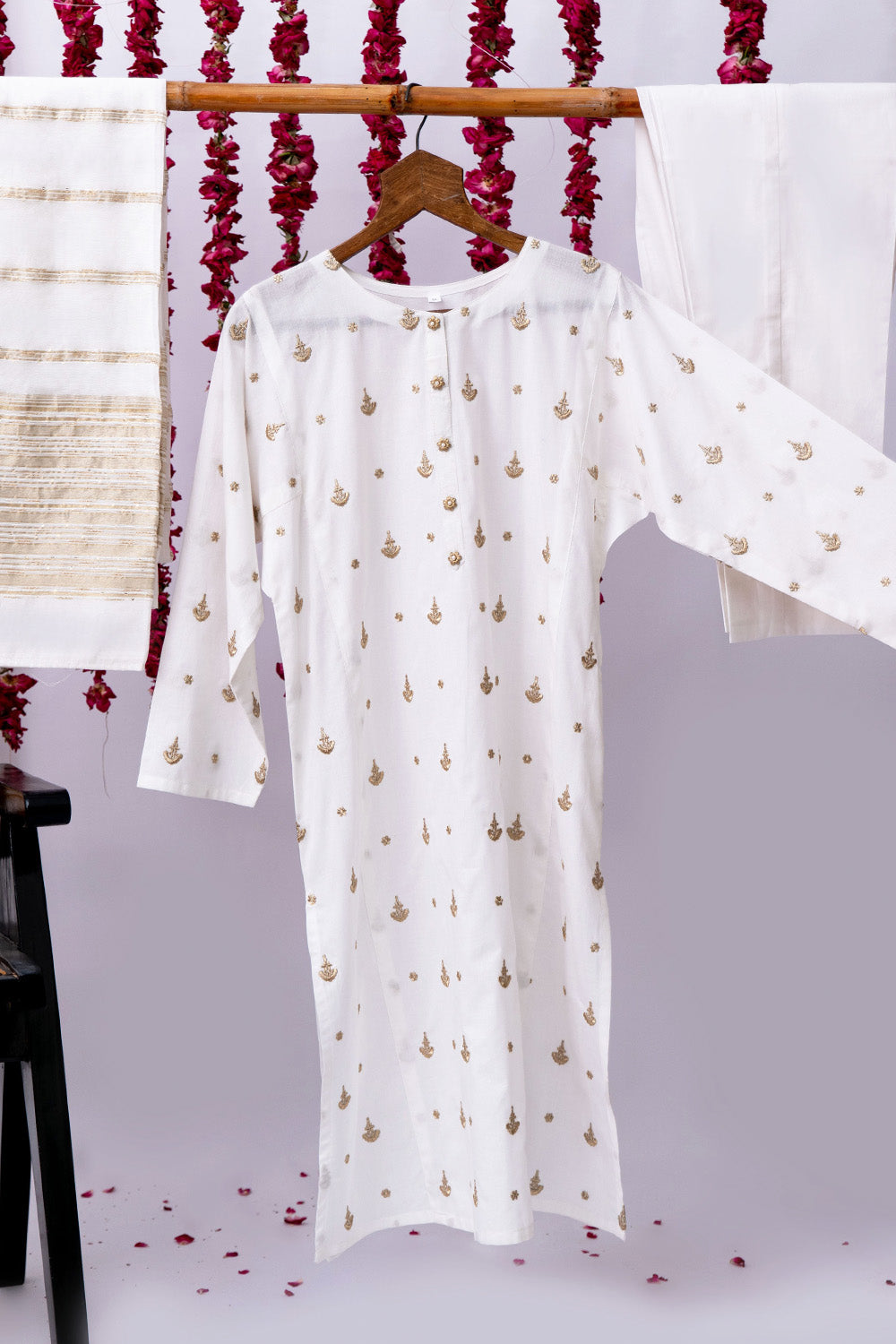 Senorita Women RTW Women Printed White and Gold Casual 3 Piece Suit Cotton Cambric LAD-02711 - Summer Collection