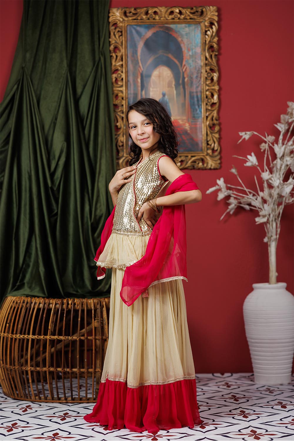 Senorita Kids RTW Kids formal clothes Fawn and Shocking Pink Formal 3 Piece Suit Viscose Crinkle Chiffon KDD-03066 - Summer Collection