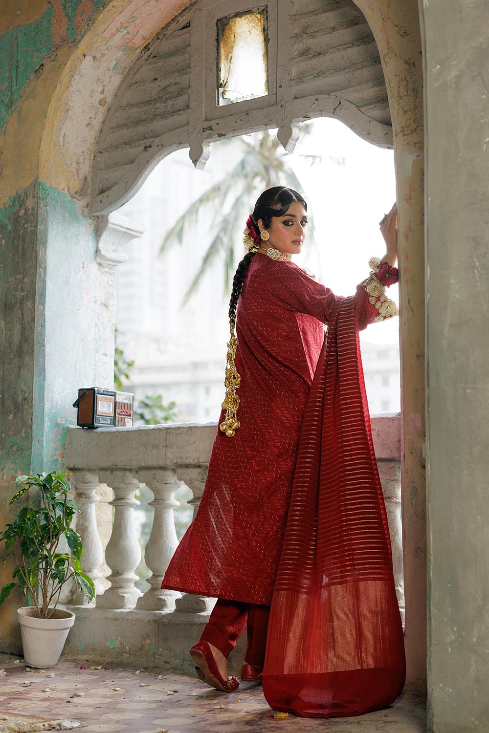 Senorita Women RTW Women Solids Maroon and Gold Casual Plus 3 Piece Suit Cotton Viscose Filament Jacquard LBD-02892 - Winter Collection