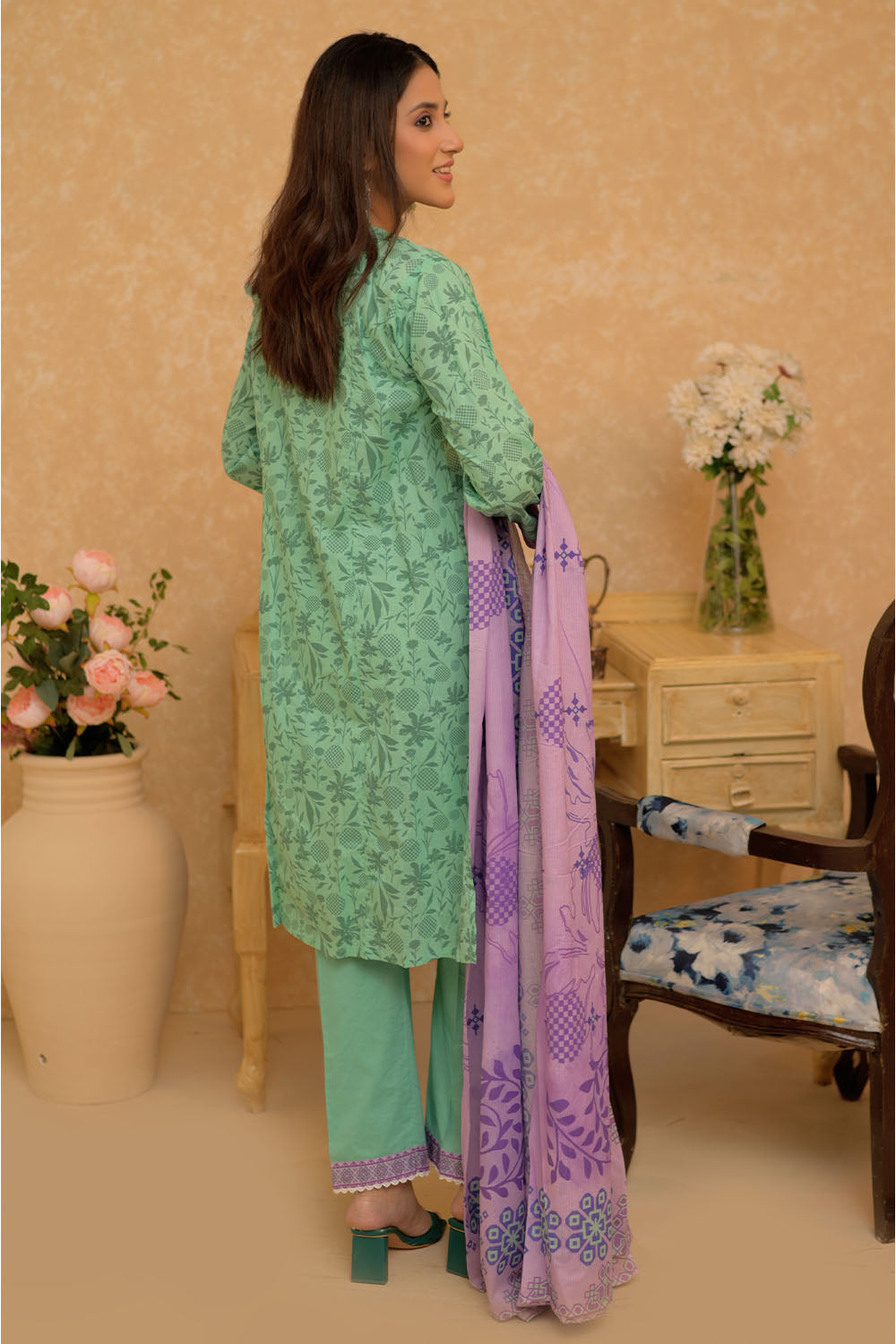 Senorita Women RTW Women Sea Green and Multicolor Casual 3 Piece Suit Cotton Lawn Printed LAD-02731 - Summer Collection