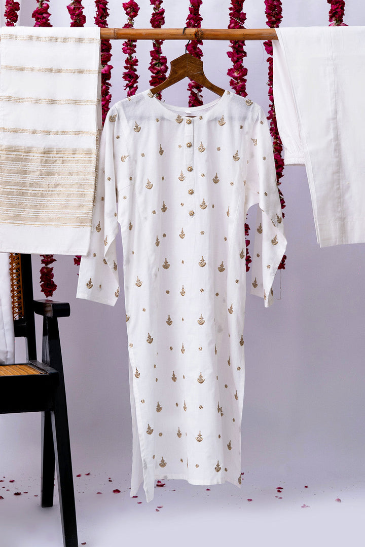 Senorita Women RTW Women Printed White and Gold Casual 3 Piece Suit Cotton Cambric LAD-02711 - Summer Collection