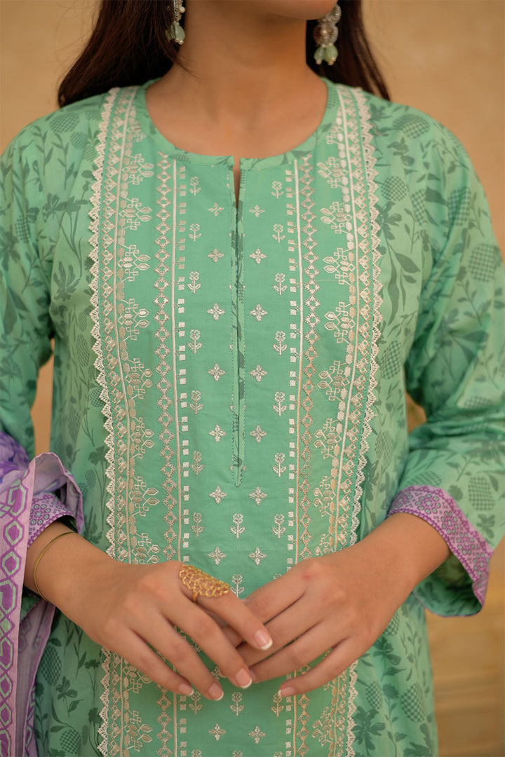 Senorita Women RTW Women Sea Green and Multicolor Casual 3 Piece Suit Cotton Lawn Printed LAD-02731 - Summer Collection