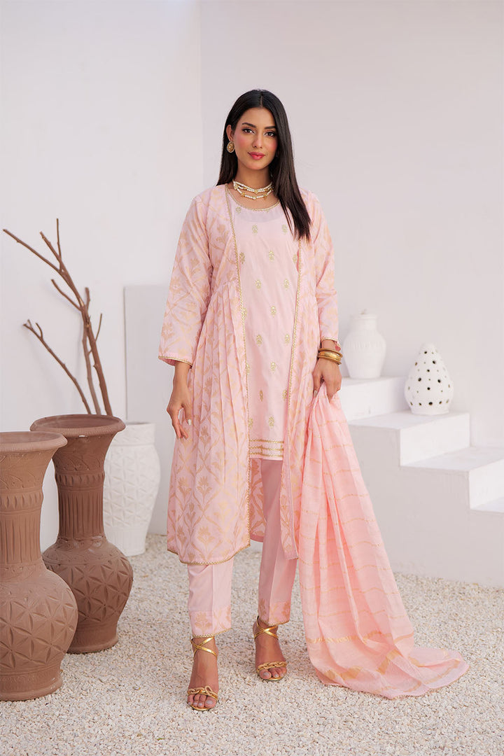 Senorita Women RTW Women Embroidered Pink and Gold Casual Plus 3 Piece Suit Cotton Jacquard LBD-02906 - Summer Collection