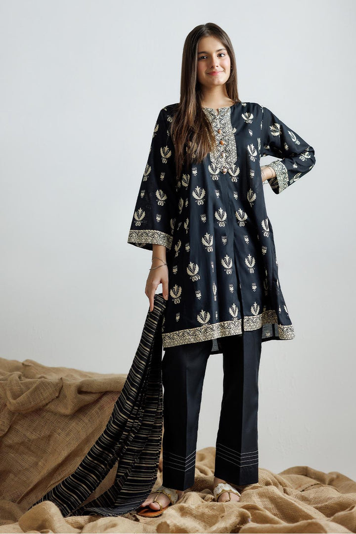 Senorita Girls Ready to Wear Girls Black and Fawn Casual 3 Piece Suit Cotton Lawn Printed GAD-03160 - Summer Collection