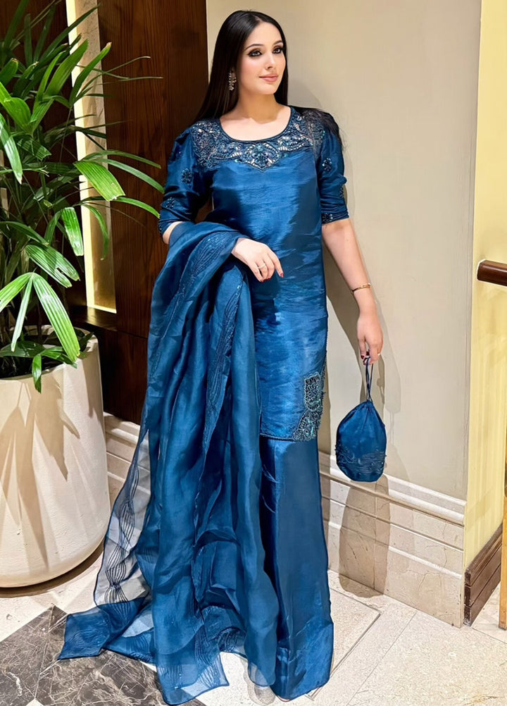 Maria Osama Khan Pret Embroidered Raw Silk 3 Piece Suit Royal Sapphire