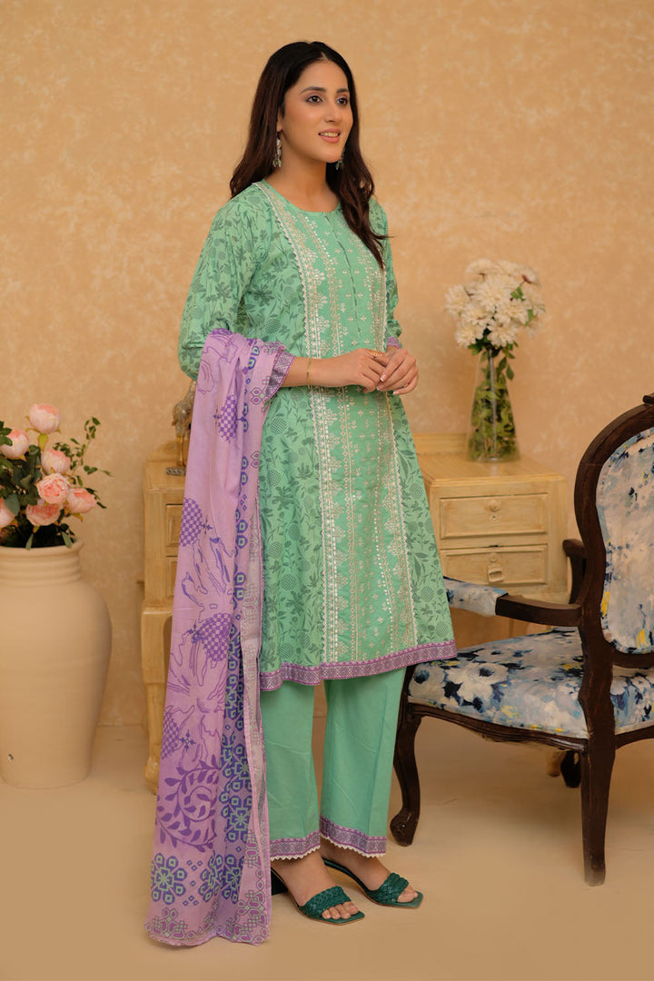 Senorita Women RTW Women Sea Green and Multicolor Casual 3 Piece Suit Cotton Lawn Printed LAD-02731 - Summer Collection