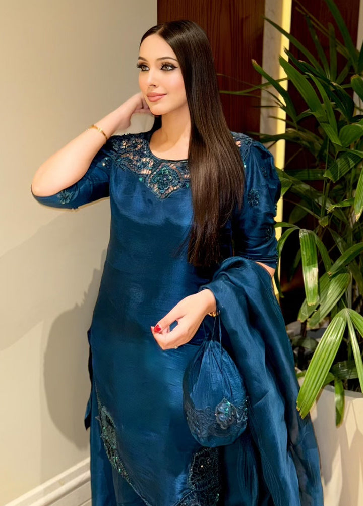 Maria Osama Khan Pret Embroidered Raw Silk 3 Piece Suit Royal Sapphire